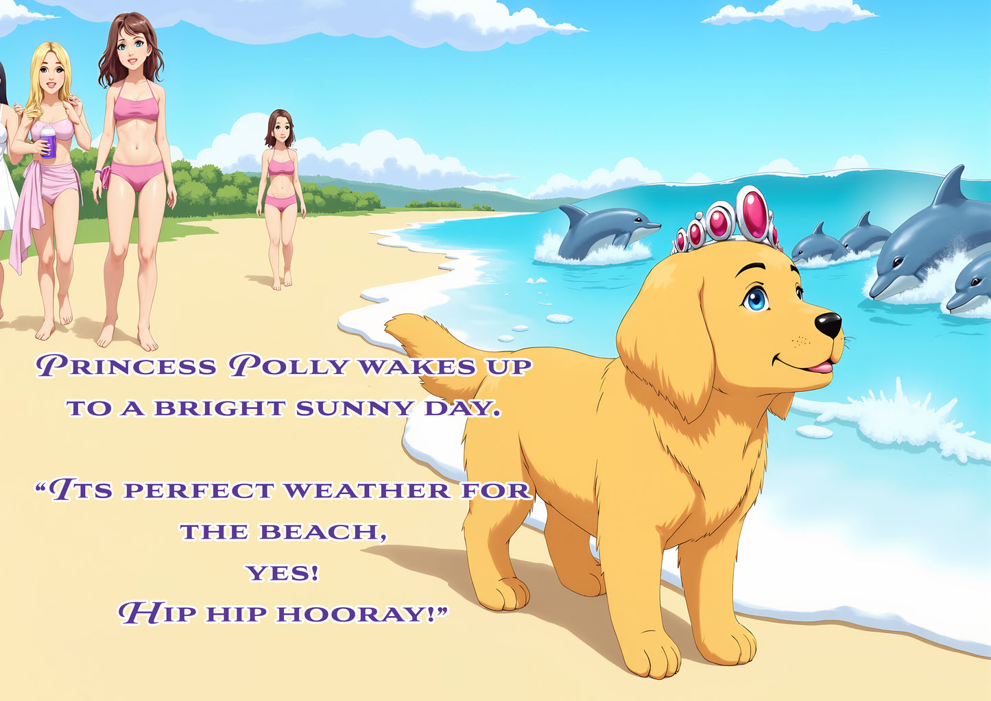 Cartoon dog with princess crown on a beach with dolphins and girls in swimsuits.
Polly Princess Busy at the Beach children's book page showing seaside adventure. back cover.