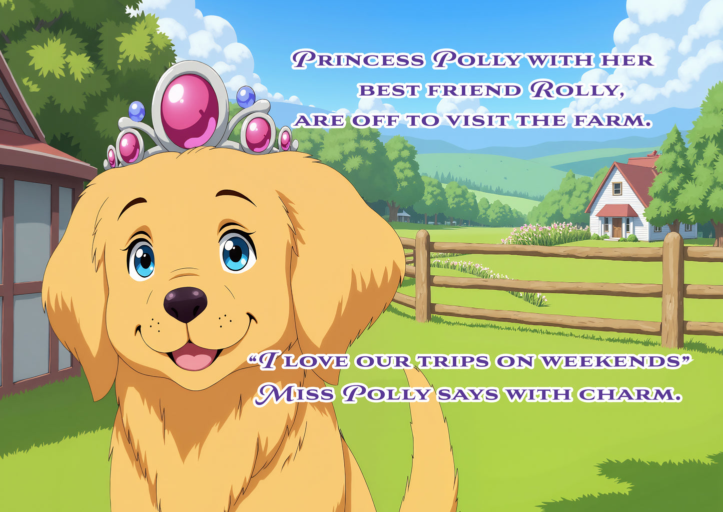 Cartoon dog with a tiara in front of a farm setting, with text about Princess Polly and Rolly.
Polly Princess Friends on the Farm children's book page showing countryside adventure. back cover