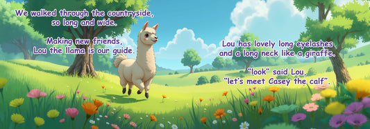 Animated llama in a colorful countryside with text describing its features and actions.
Polly Princess Friends on the Farm children's book interior page illustration