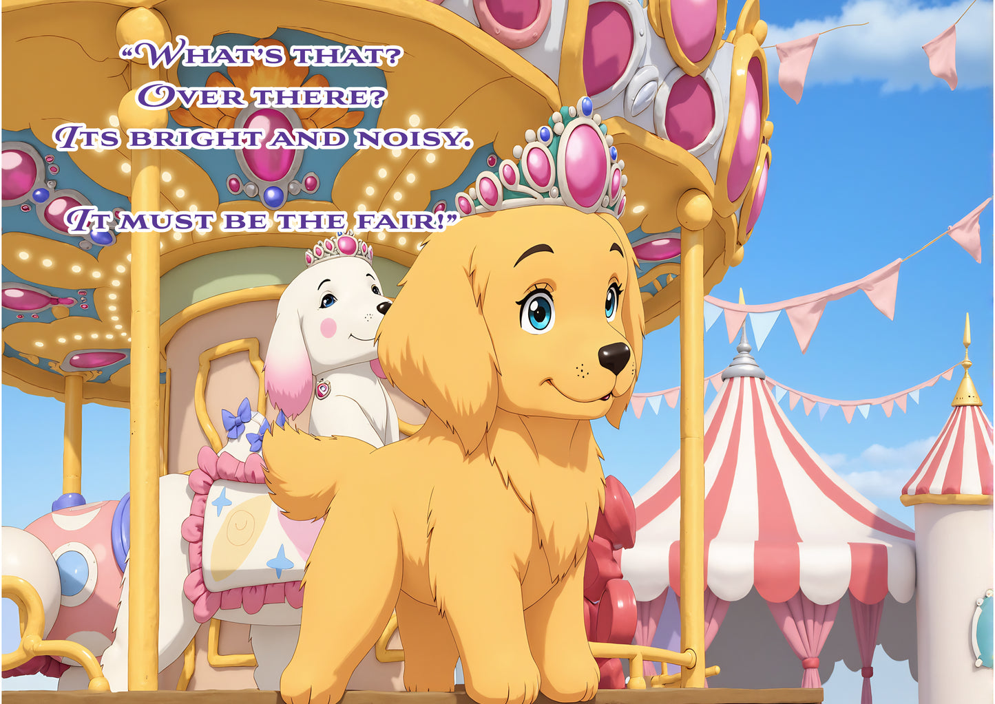 Cartoon dog and cat on a carousel with fairy tale text.
Polly Princess Fun at the Fair children's book back cover, showing carnival adventure