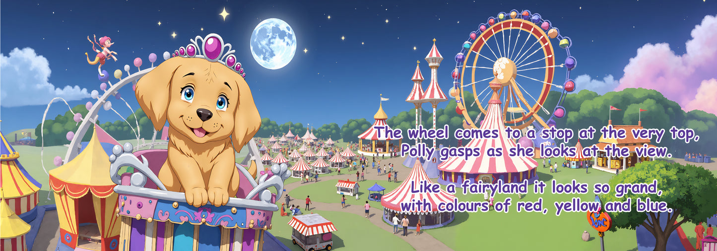 Cartoon dog at a carnival with colorful ferris wheel and tents, featuring text.
Polly Princess, Fun at the fair, interior page illustration.
