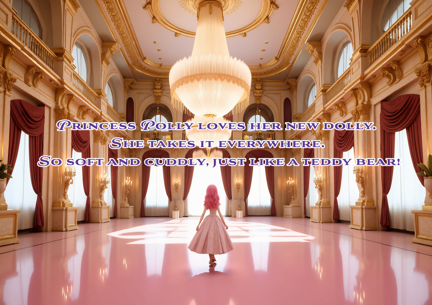 Princess Polly in a grand hall with text about a new dolly. Polly Princess The Prettiest Puppy children's book page showing puppy adventure. back cover