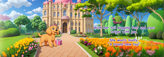 Cartoon dog with a crown in front of a castle, surrounded by flowers and trees.
Polly Princess Pretty Pink Dolly children's book interior page illustration