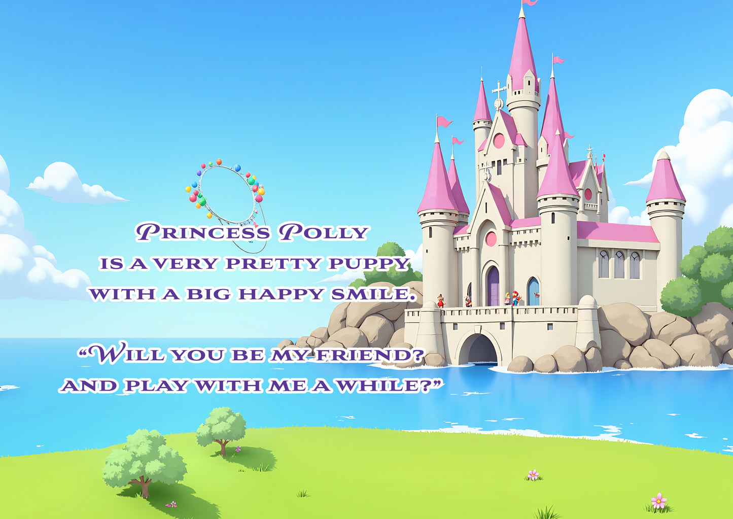 Cartoon castle with text about Princess Polly in a bright and colorful setting.
Polly Princess The Prettiest Puppy children's book page showing puppy adventure. back cover