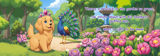 Cartoon dog and peacock in a garden with flowers and trees.
Polly Princess The Prettiest Puppy children's book interior page illustration