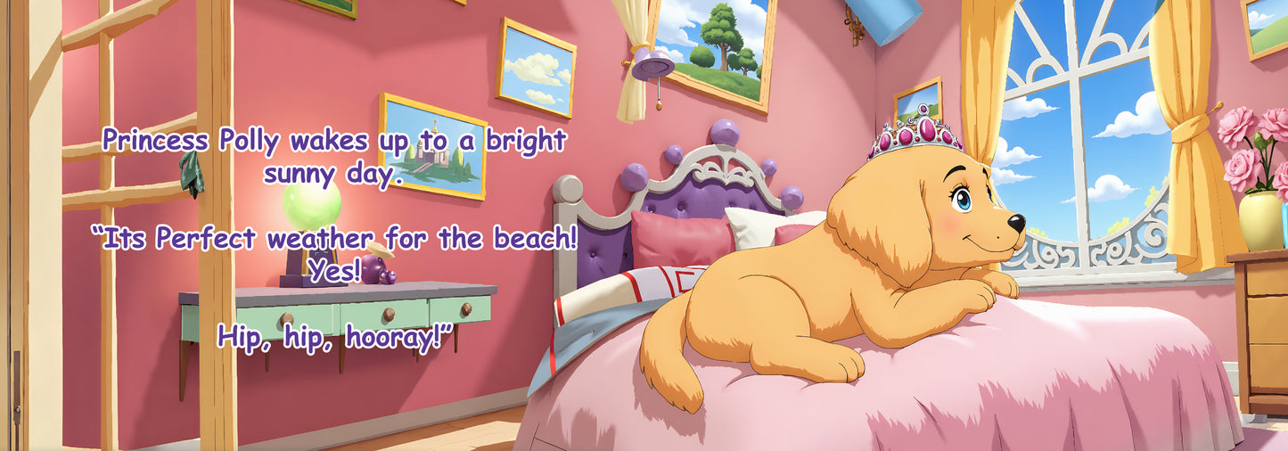 Cartoon dog in a bedroom with pink walls and a window, wearing a tiara.
Polly Princess Busy at the Beach children's book interior page