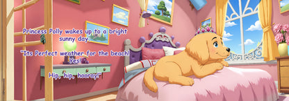 Cartoon dog in a bedroom with pink walls and a window, wearing a tiara.
Polly Princess Busy at the Beach children's book interior page