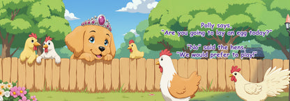Cartoon dog in a tiara talking to chickens in a garden setting.
Polly Princess Friends on the Farm children's book interior page with farm animals