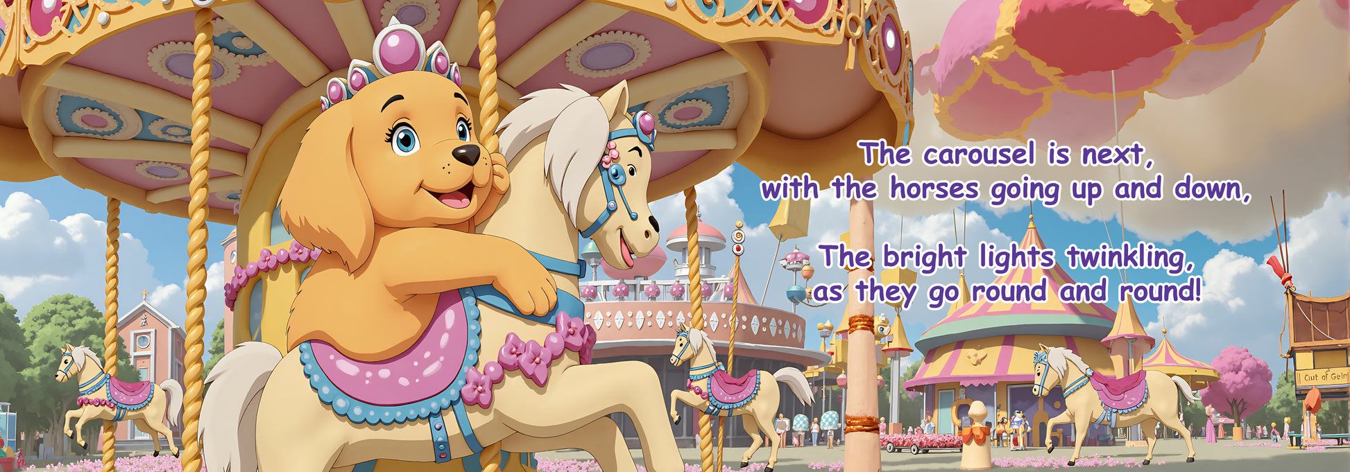 Cartoon dog on a carousel with colorful background.
Polly Princess Fun at the Fair children's book interior page with fairground scene