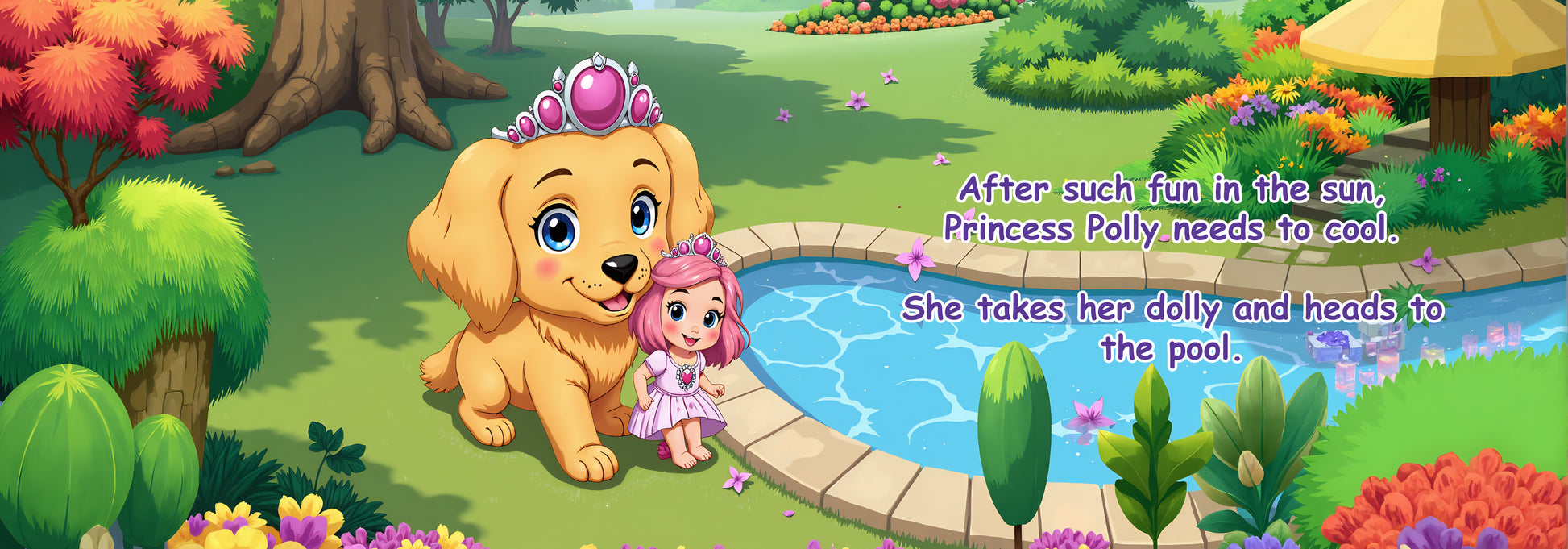 Cartoon dog and girl by a pool with text about Princess Polly.
Polly Princess Pretty Pink Dolly children's book interior page with castle scene