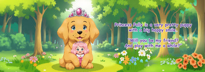 Cartoon dog with a tiara in a forest setting, surrounded by flowers and trees.
Polly Princess The Prettiest Puppy children's book interior page with garden scene.